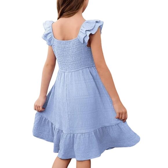 Dokotoo Girls Large Sky Blue Polyester Blend Sleeveless Smocked A Line Dress - Picture 3 of 5